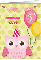 Happy Birthday 5th Birthday Custom Name Cute Owl & Balloons card