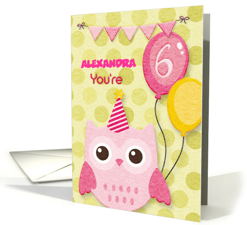 Happy Birthday 6th Birthday Custom Name Cute Owl & Balloons card