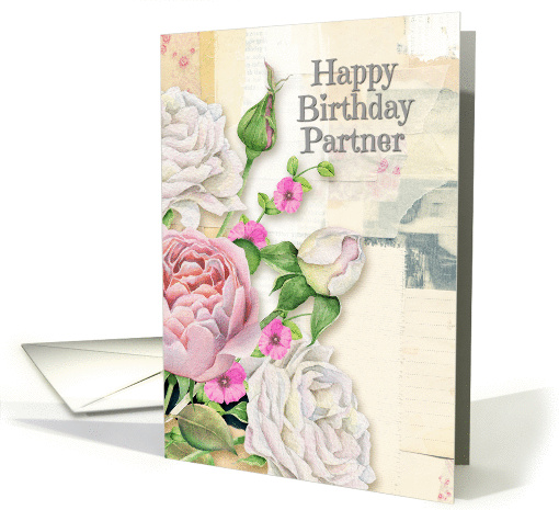 Happy Birthday Partner Vintage Look Flowers & Paper Collage card