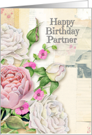 Happy Birthday Partner Vintage Look Flowers & Paper Collage card