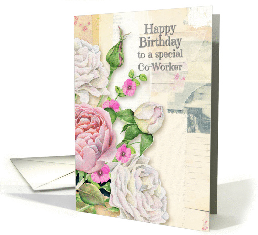 Happy Birthday to Co-Worker Vintage Look Flowers & Paper Collage card