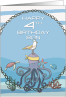 Son 4th Birthday Octopus Seagull Starfish Fun Nautical Scene card