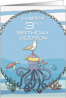 Happy 3rd Birthday Godson Octopus,Seagull,Starfish Fun Nautical Scene card