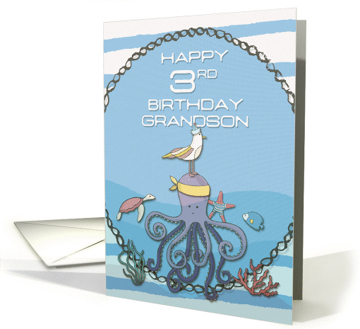 Happy 3rd Birthday Grandson Octopus,Seagull,Starfish Fun Nautical card
