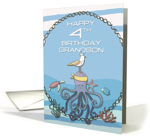 Happy 4th Birthday Grandson Octopus,Seagull,Starfish Fun Nautical card