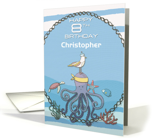 Happy 8th Birthday Custom Name Octopus,Seagull,Starfish Nautical card
