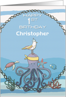 Happy 1st Birthday Custom Name Octopus,Seagull,Starfish Nautical card