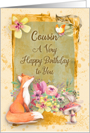 Happy Birthday Cousin Flowers & Animals Watercolor Nature Scene card