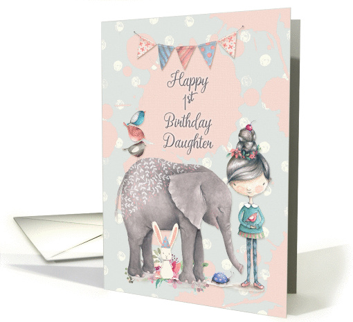 Happy 1st Birthday Daughter Cute Girl with Animal Friends card