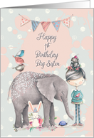 Happy 1st Birthday Big Sister Cute Girl with Animal Friends card