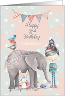 Happy Birthday 3rd Birthday Custom Name Cute Girl with Animal Friends card