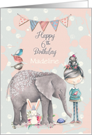 Happy Birthday 6th Birthday Custom Name Cute Girl with Animal Friends card