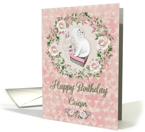 Happy Birthday to Cousin Pretty Kitty Hearts and Flowers card
