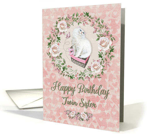 Happy Birthday to Twin Sister Pretty Kitty Hearts and Flowers card