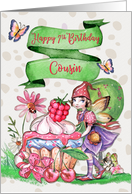 Happy Birthday 7th Birthday to Cousin Cute Fairy Cupcake and Flowers card