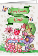 Happy Birthday to Cousin Cute Fairy Cupcake and Flowers card