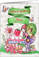 Happy Birthday 6th Birthday to Niece Cute Fairy Cupcake and Flowers card