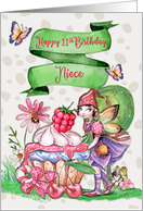 Happy Birthday 11th Birthday to Niece Cute Fairy Cupcake and Flowers card