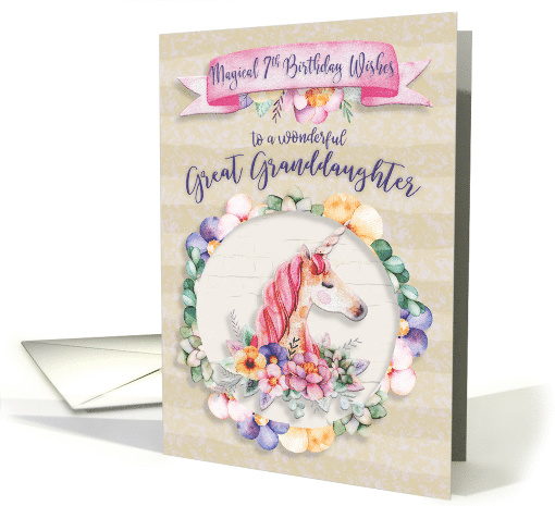 Happy Birthday 7th Birthday to Great Granddaughter Pretty Unicorn card