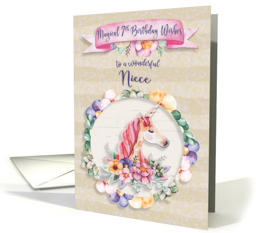 Happy Birthday 7th Birthday to Niece Pretty Unicorn and Flowers card