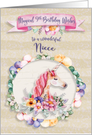 Happy Birthday 9th Birthday to Niece Pretty Unicorn and Flowers card