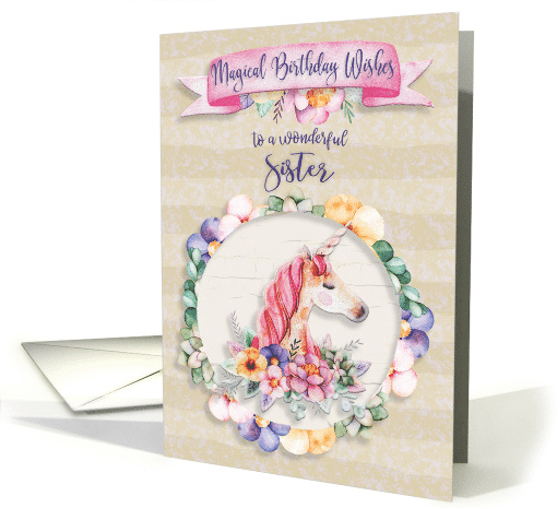 Happy Birthday to a Wonderful Sister Pretty Unicorn and Flowers card