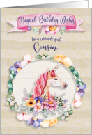 Happy Birthday to Cousin Pretty Unicorn and Flowers card