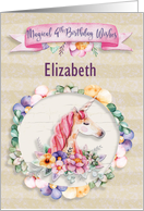 Happy 4th Birthday Custom Name Pretty Unicorn and Flowers card