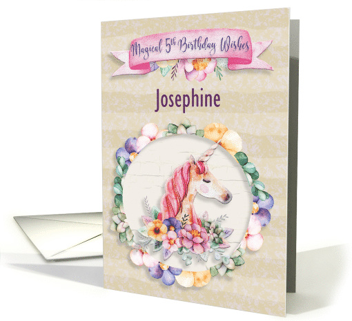 Happy 5th Birthday Custom Name Pretty Unicorn and Flowers card