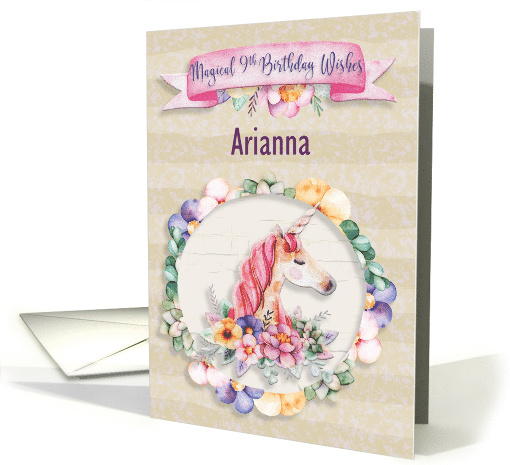 Happy 9th Birthday Custom Name Pretty Unicorn and Flowers card