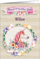 Happy 11th Birthday Custom Name Pretty Unicorn and Flowers card