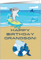 Happy Birthday to Grandson Ocean Scene with Sharks card