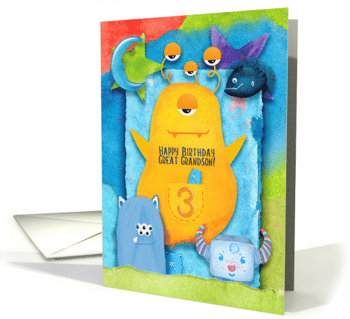 Happy 3rd Birthday Great Grandson Colorful Monsters card (1538110)