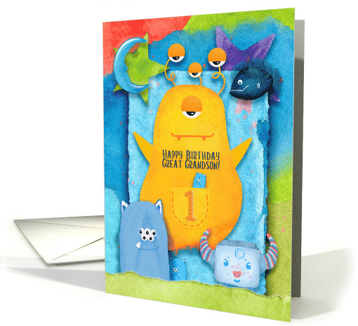 Happy 1st Birthday Great Grandson Colorful Monsters card (1538114)