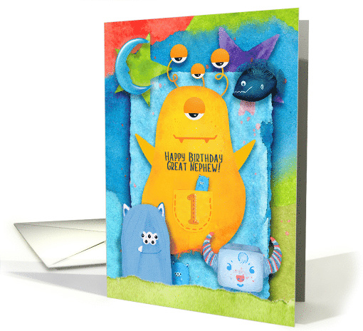 Happy 1st Birthday to Great Nephew Funny and Colorful Monsters card