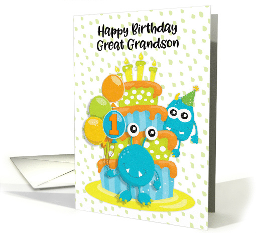 Happy 1st Birthday to Great Grandson Birthday Cake and Monsters card