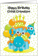 Happy 1st Birthday to Great Grandson Birthday Cake and Monsters card