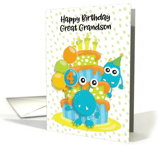 Happy 4th Birthday to Great Grandson Birthday Cake and Monsters card