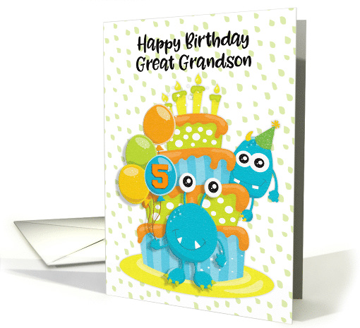 Happy 5th Birthday to Great Grandson Birthday Cake and Monsters card