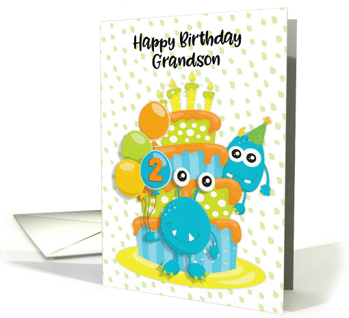 Happy 2nd Birthday to Grandson Birthday Cake and Monsters card