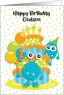 Happy 1st Birthday to Godson Birthday Cake and Monsters card