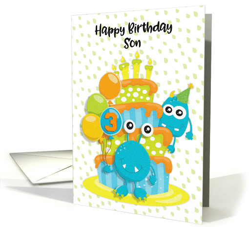 Happy 3rd Birthday to Son Birthday Cake and Monsters card (1540772)