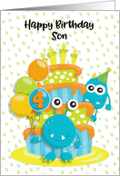 Happy 4th Birthday to Son Birthday Cake and Monsters card