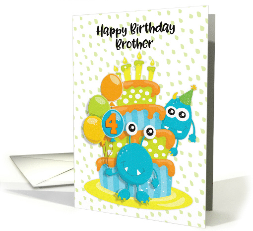 Happy 4th Birthday to Brother Birthday Cake and Monsters card