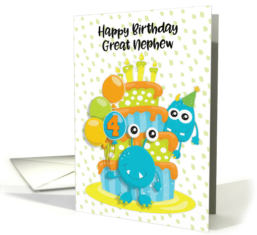 Happy 4th Birthday to Great Nephew Birthday Cake and Monsters card