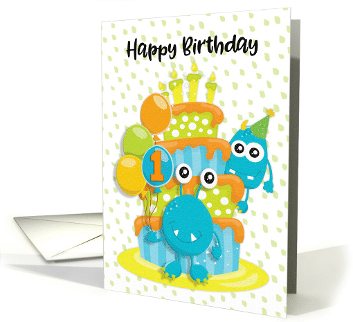 Happy 1st Birthday to Young Child Birthday Cake and Monsters card