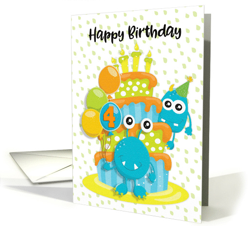 Happy 4th Birthday to Young Child Birthday Cake and Monsters card