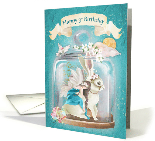 Happy 9th Birthday Fairy and Rabbit Fantasy Scene in Jar card