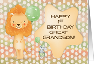 Happy 1st Birthday to Great Grandson Cute Lion with Balloon and Star card
