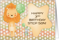 Happy 3rd Birthday to Step Son Cute Lion with Balloons a nd a Mouse card